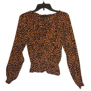 Sanctuary Leopard Cheetah Smocked Peplum Blouse Womens XS Keyhole Neck